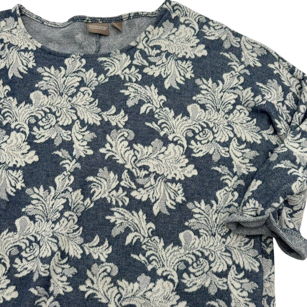 Chicos 3/XL‎ 3/4 tab sleeve pullover tunic tight knit sweater blue white pattern